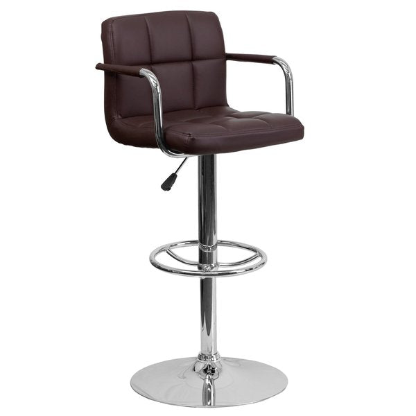 Brown Quilted Vinyl Barstool, Adj Height, Frame Material: Metal