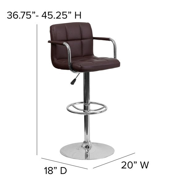 Brown Quilted Vinyl Barstool, Adj Height, Frame Material: Metal