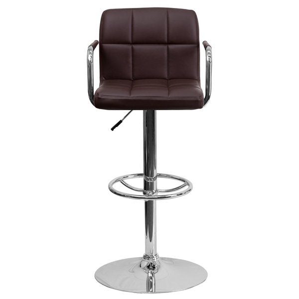 Brown Quilted Vinyl Barstool, Adj Height, Frame Material: Metal