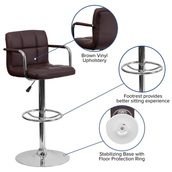 Brown Quilted Vinyl Barstool, Adj Height, Frame Material: Metal