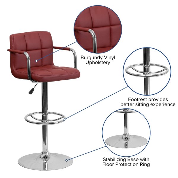 Burgundy Quilted Barstool, Adj Height