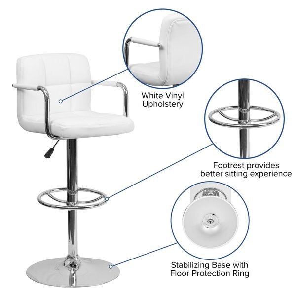 White Quilted Vinyl Barstool, Adj Height, Weight Capacity: 330 lb.