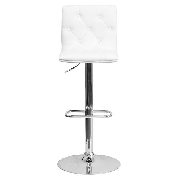 Tufted White Vinyl Barstool, Adj Height
