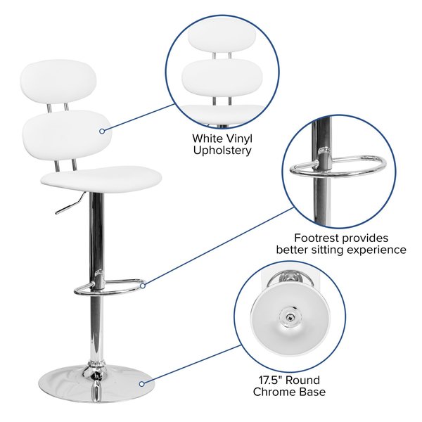 White Vinyl Barstool, Adj Height, Seat Height Range: 24