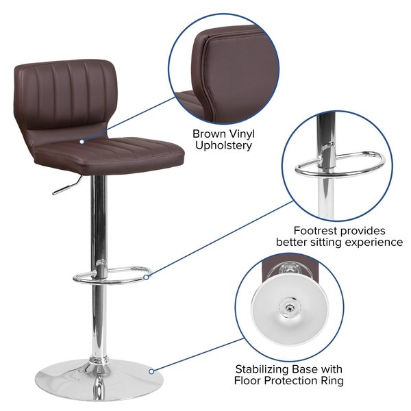Brown Vinyl Barstool, Adj Height, Frame Material: Metal