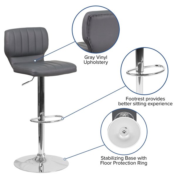 Gray Vinyl Barstool, Adj Height, Seat Height Range: 25