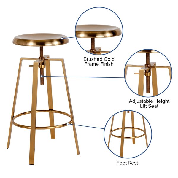 Toledo Adjustable Barstool, Gold