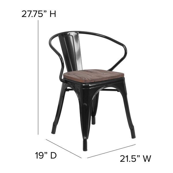 Metal Chair, Black with Arms, Wood Seat