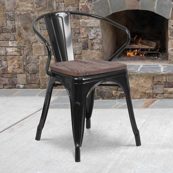 Metal Chair, Black with Arms, Wood Seat