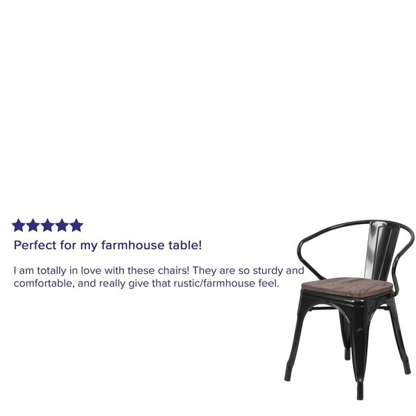 Metal Chair, Black with Arms, Wood Seat