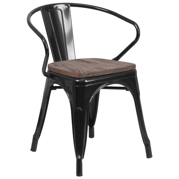 Metal Chair, Black with Arms, Wood Seat