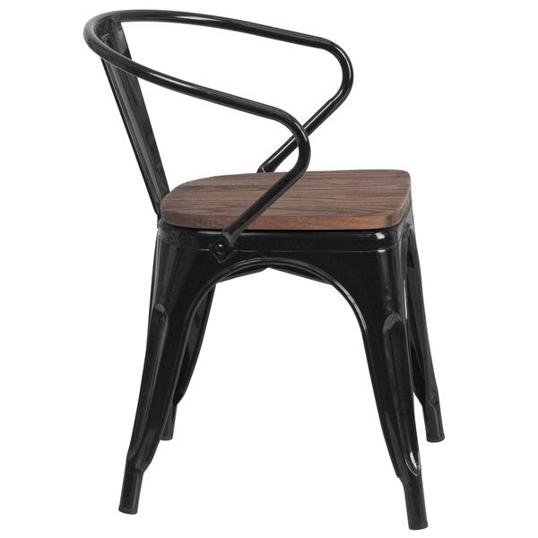 Metal Chair, Black with Arms, Wood Seat