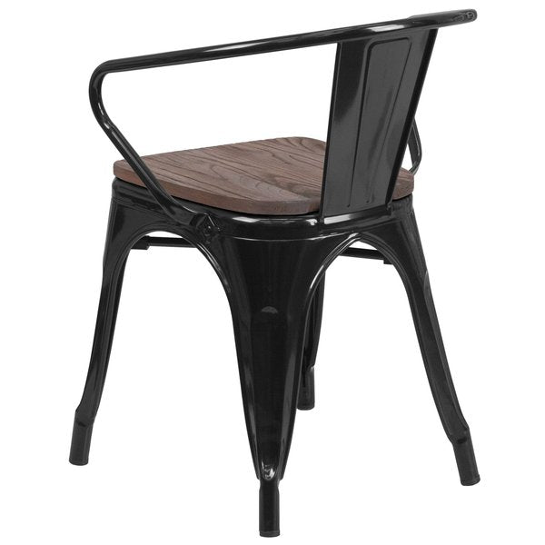 Metal Chair, Black with Arms, Wood Seat