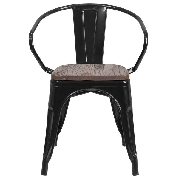 Metal Chair, Black with Arms, Wood Seat