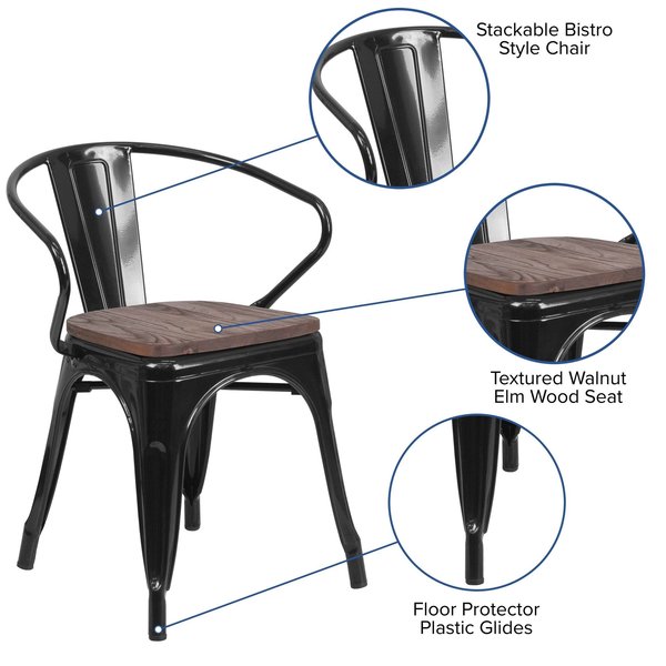 Metal Chair, Black with Arms, Wood Seat