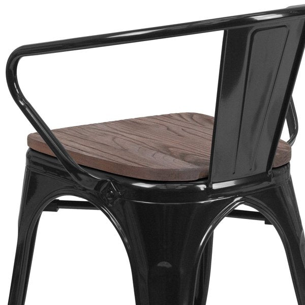 Metal Chair, Black with Arms, Wood Seat