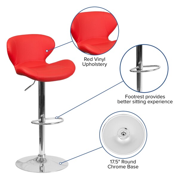 Red Vinyl Barstool, Adj Height, Backrest: Curved