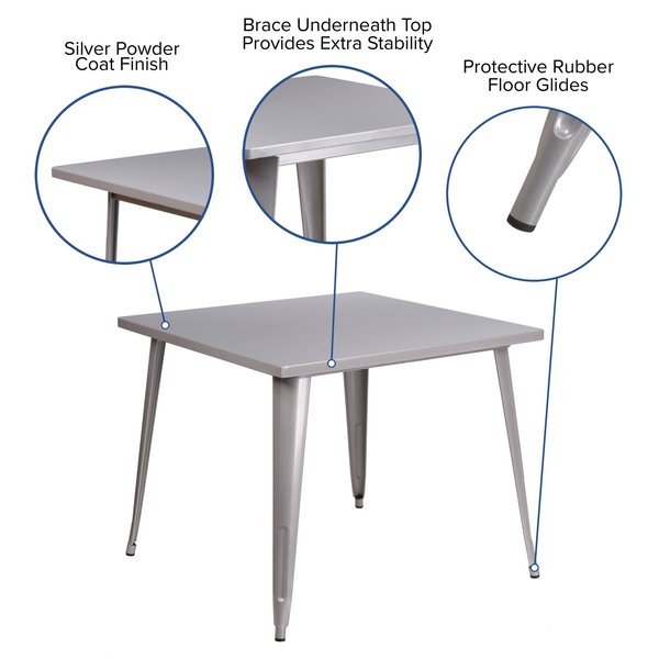 Square Silver Metal Table, 35.5SQ, 35.5