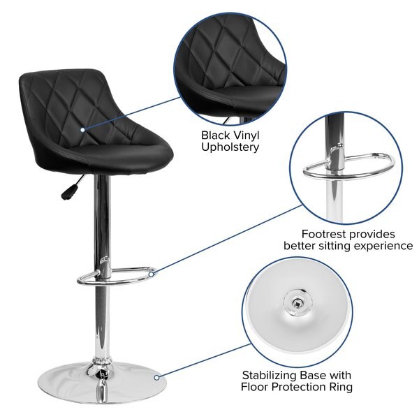Black Vinyl Barstool, Adj Height, Seat Height Range: 23
