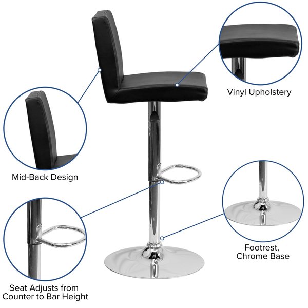 Black Vinyl Barstool, Adj Height