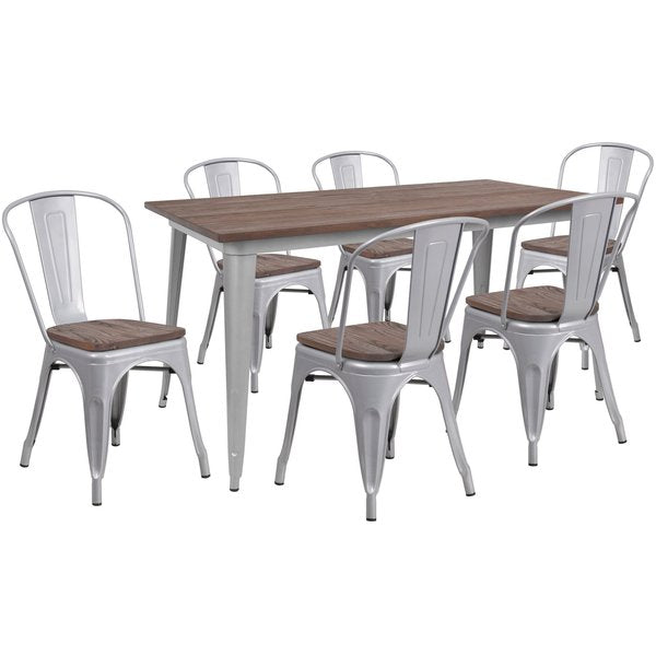 Rectangle Silver Metal Table Set with Wood Top and, 30.25