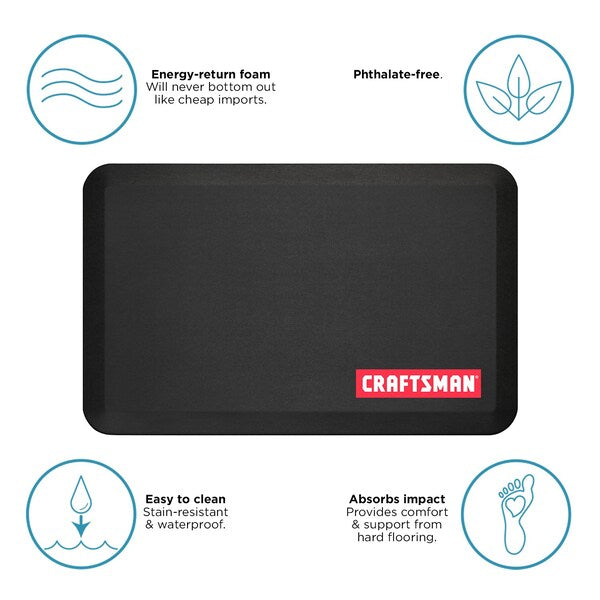 Anti-Fatigue Garage Mat, Black, 32 in L x 20 in W, Polyurethane Foam, 0.75 in Thick