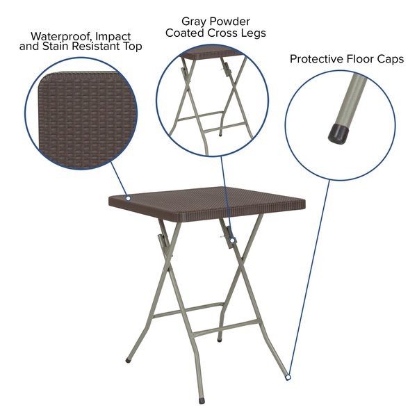Square Rattan Folding Table, Square, Brown, 23.5