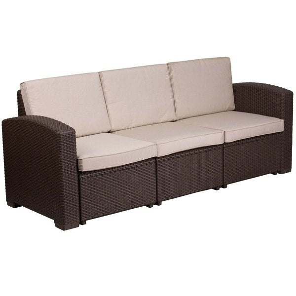 Chocolate Rattan Sofa w/All-Weather Beige Cushions
