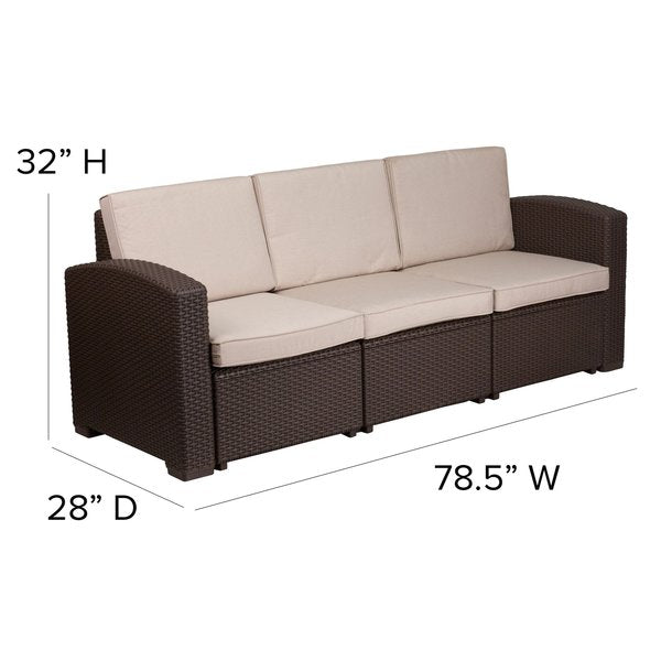Chocolate Rattan Sofa w/All-Weather Beige Cushions