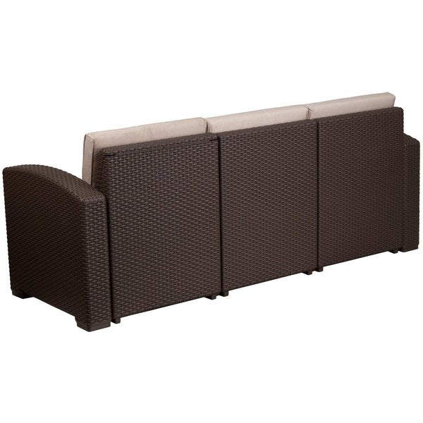 Chocolate Rattan Sofa w/All-Weather Beige Cushions