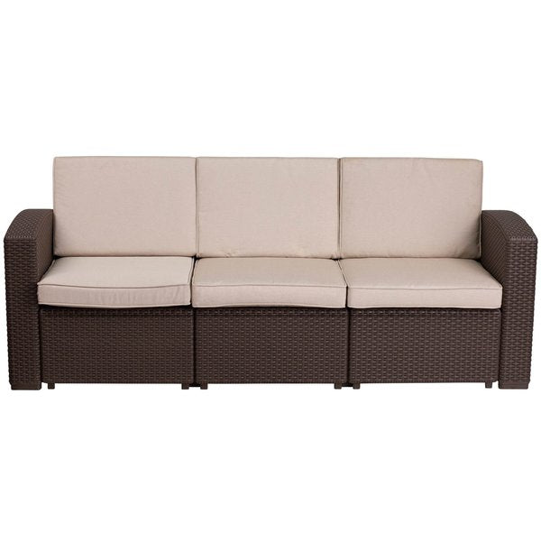 Chocolate Rattan Sofa w/All-Weather Beige Cushions