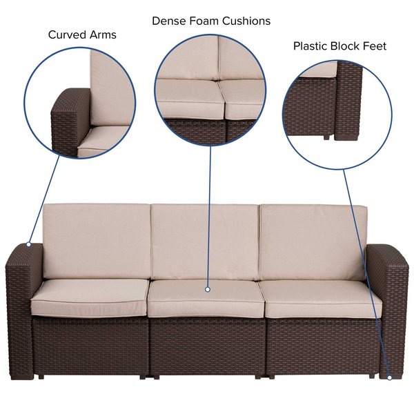 Chocolate Rattan Sofa w/All-Weather Beige Cushions