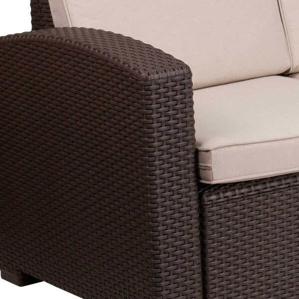 Chocolate Rattan Sofa w/All-Weather Beige Cushions