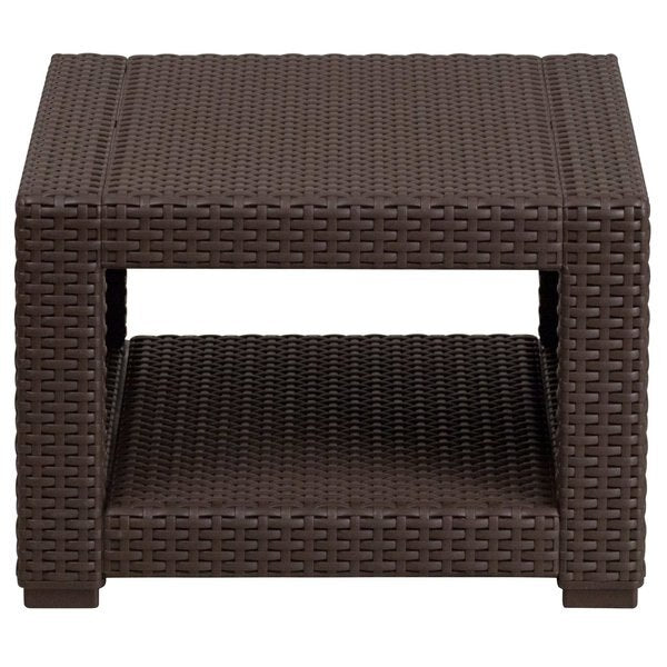 Square End Table, Faux Rattan, Chocolate, 22 W, 22 L, 15.25 H, Resin Top, Chocolate Brown