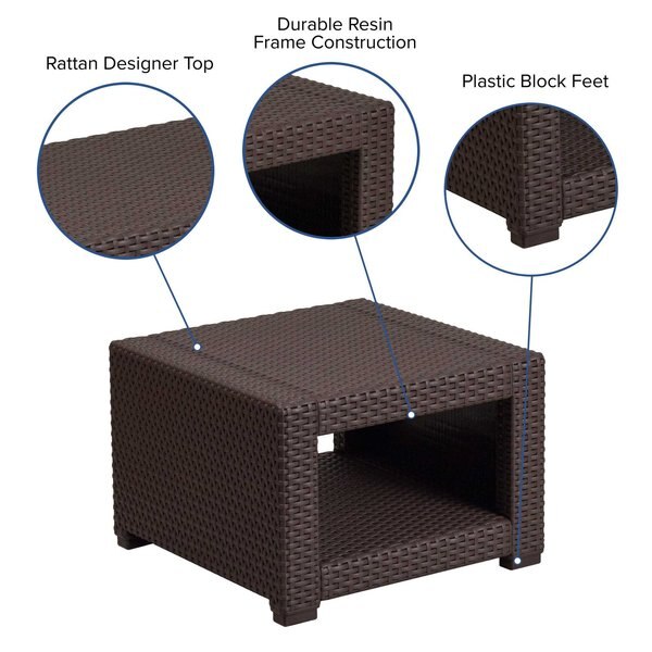 Square End Table, Faux Rattan, Chocolate, 22 W, 22 L, 15.25 H, Resin Top, Chocolate Brown