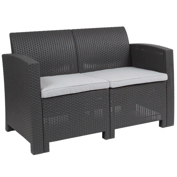 Dk Gray Rattan Loveseat w/ All-Weather Cushions