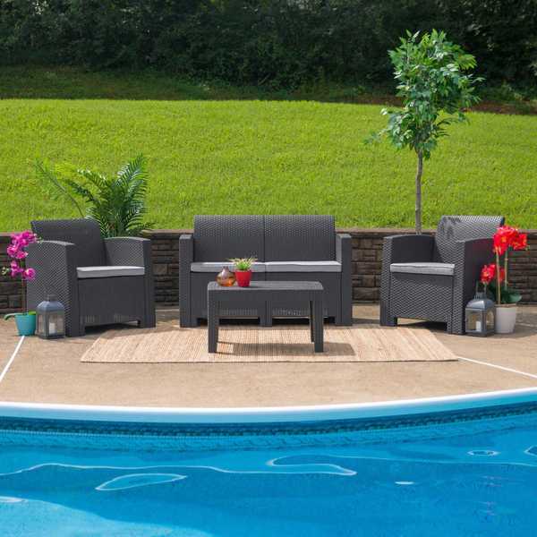 Dk Gray Rattan Loveseat w/ All-Weather Cushions