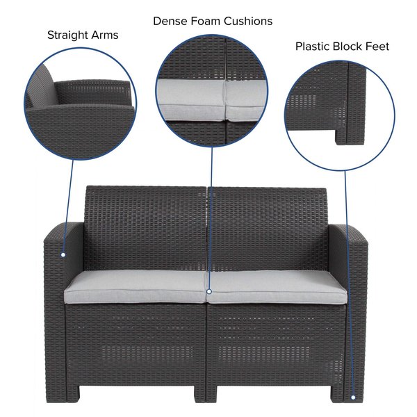 Dk Gray Rattan Loveseat w/ All-Weather Cushions