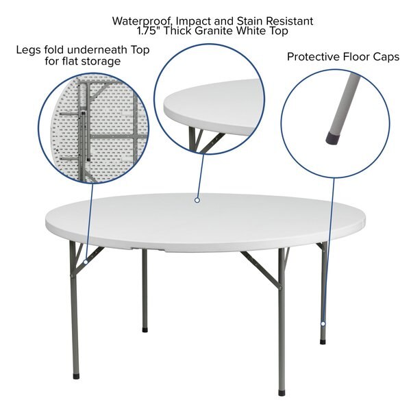 Round Wh 60Rnd Plastic Fold Table, 60.75