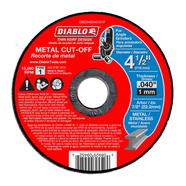 Metal Cut Off Disc-Thin Kerf, 4-, PK15