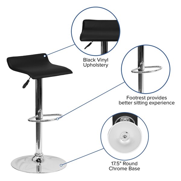 Black Vinyl Barstool, Adj Height, Seat Height Range: 22-3/4