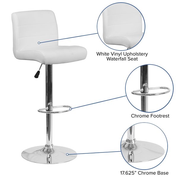 White Vinyl Barstool, Adj Height, Seat Height Range: 26-1/4