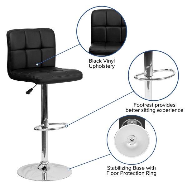 Black Quilted Vinyl Barstool, Adj Height, Weight Capacity: 330 lb.