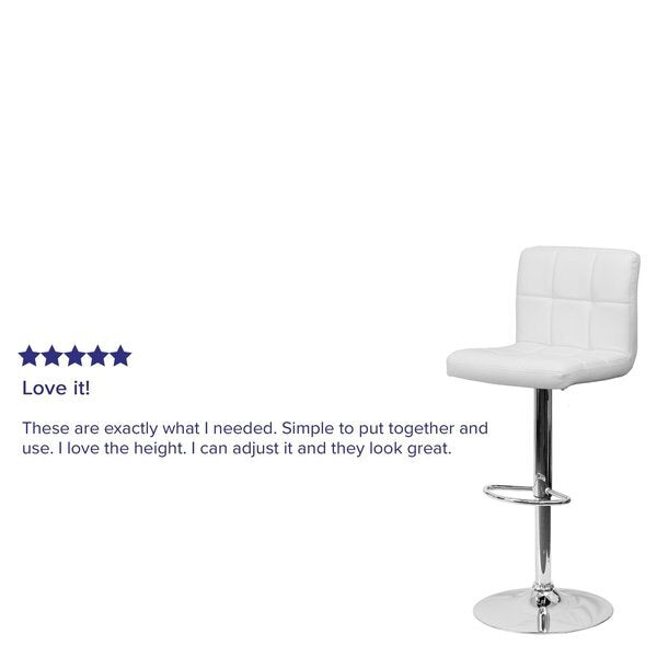 White Quilted Vinyl Barstool, Adj Height, Frame Material: Metal