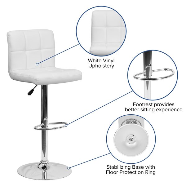 White Quilted Vinyl Barstool, Adj Height, Frame Material: Metal