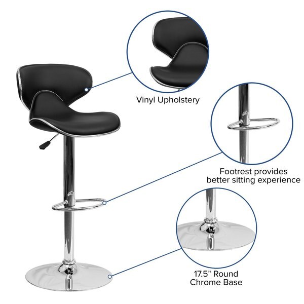 Black Vinyl Barstool, Adj Height, Seat Height Range: 24