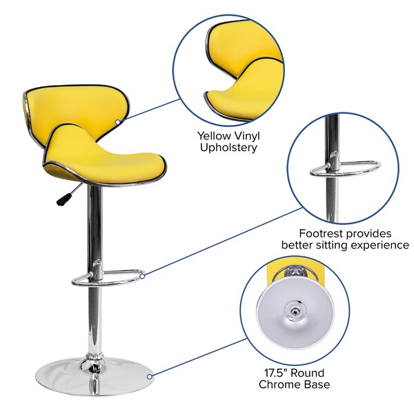Yellow Vinyl Barstool, Adj Height, Material: Chrome, Foam