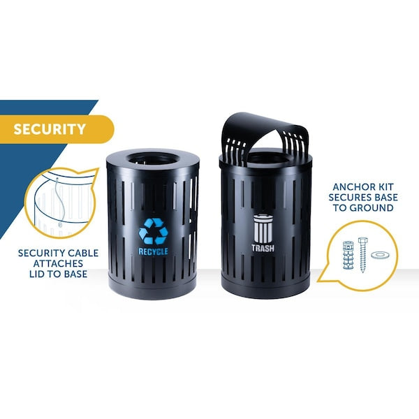 Recycling Container, Open Top Lid, Black, Black, Steel