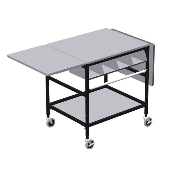 Mobile Table with Drop Lves, 4 Comp Org Bin, Roll Tag Bar & Btm Shlf