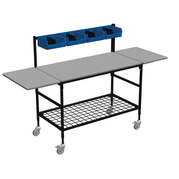 Large Mobile Table w/Drop Lves, Bin Rack, 4 Sort Bins & Btm Grid Shlf